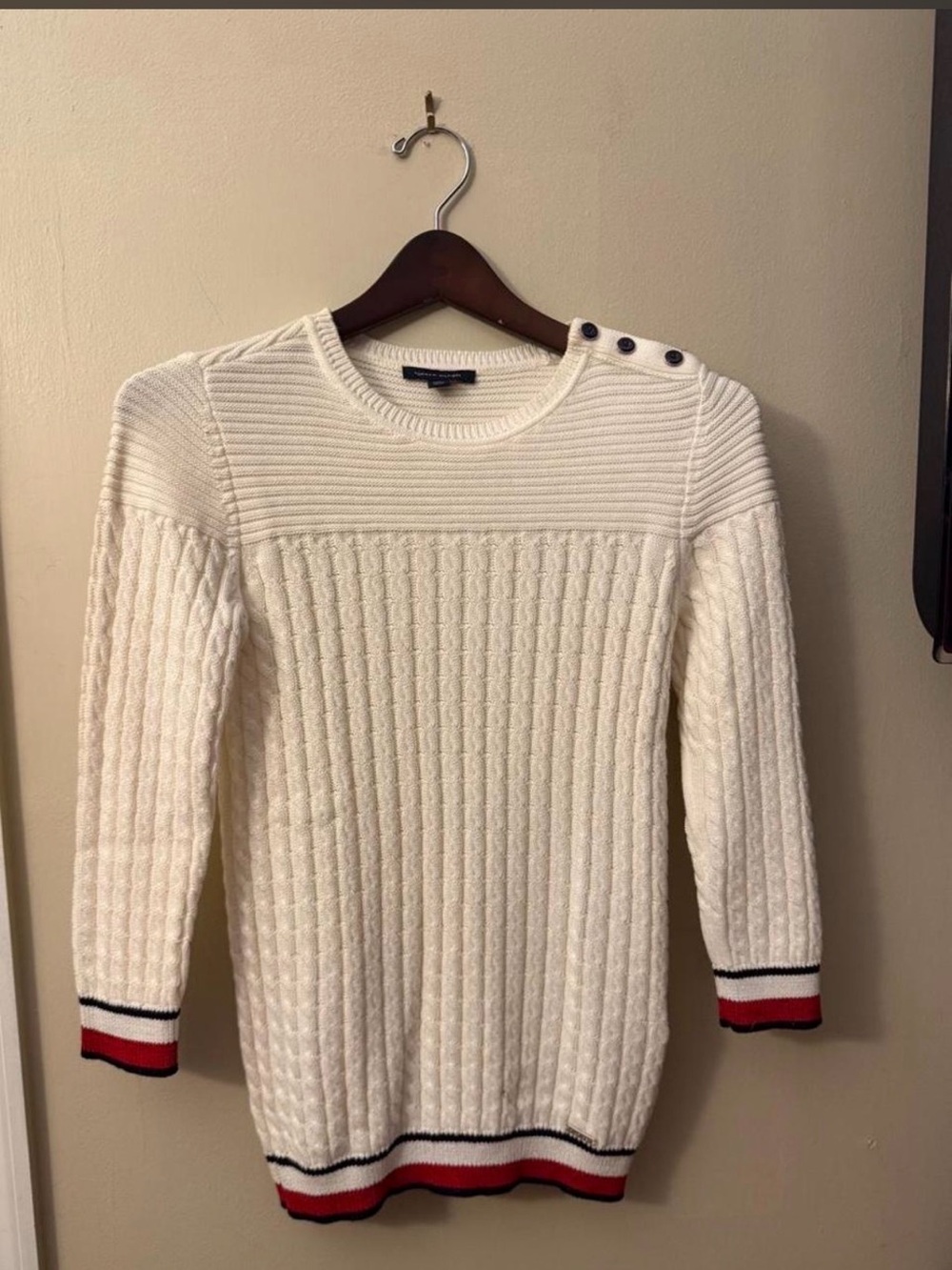 Preppy Tommy Hilfiger college Cable Knit Crew Sweater with Red & Black Trim